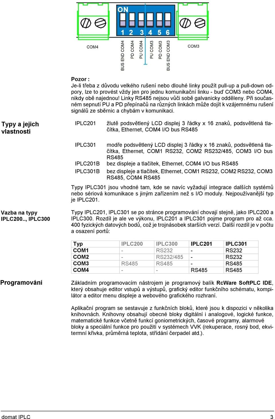 Typy a jejich vlastnosti IPLC201 žlutě podsvětlený LCD displej 3 řádky x 16 znaků, podsvětlená tlačítka, Ethernet, COM4 I/O bus RS485 IPLC301 IPLC201B IPLC301B modře podsvětlený LCD displej 3 řádky x