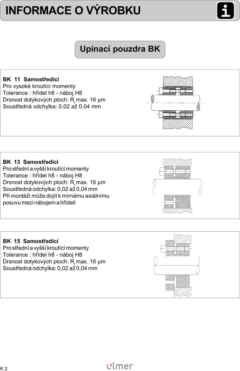 04 mm BK 13 Samostředící Pro střední a vyšší kroutící momenty Tolerance : hřídel h8 - náboj H8 Soustředná odchylka: 0,02