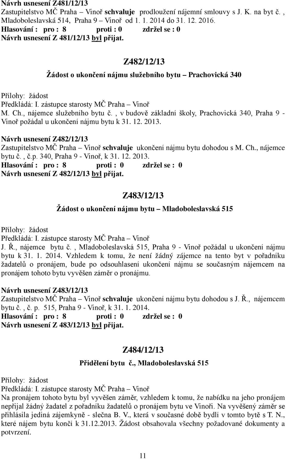, v budově základní školy, Prachovická 340, Praha 9 - Vinoř požádal u ukončení nájmu bytu k 31. 12. 2013.