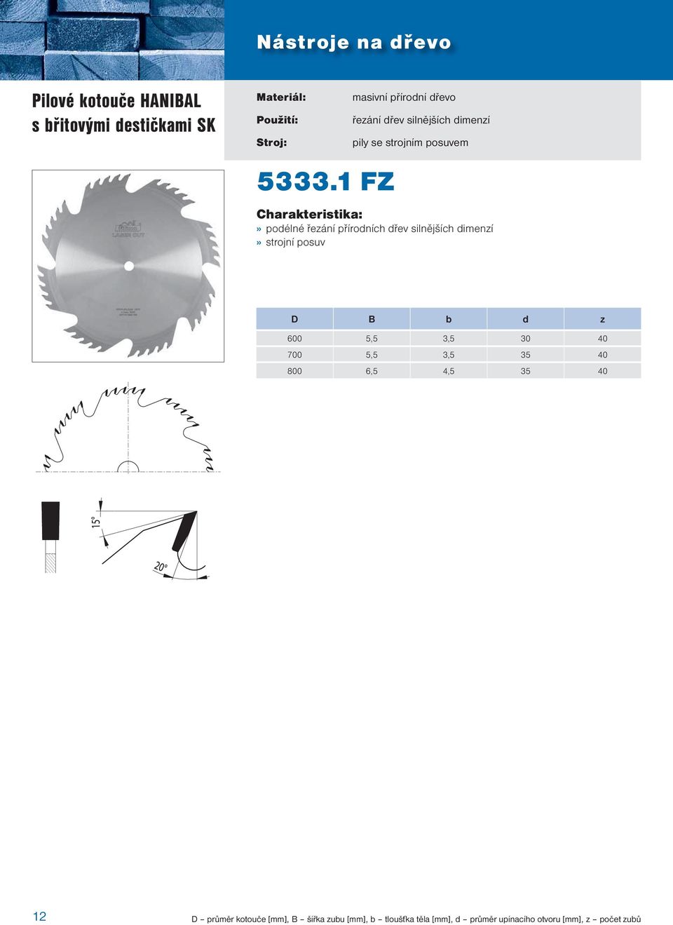 1 FZ» podélné řezání přírodních dřev silnějších dimenzí» strojní posuv D B b d z 600 5,5 3,5 30 40 700