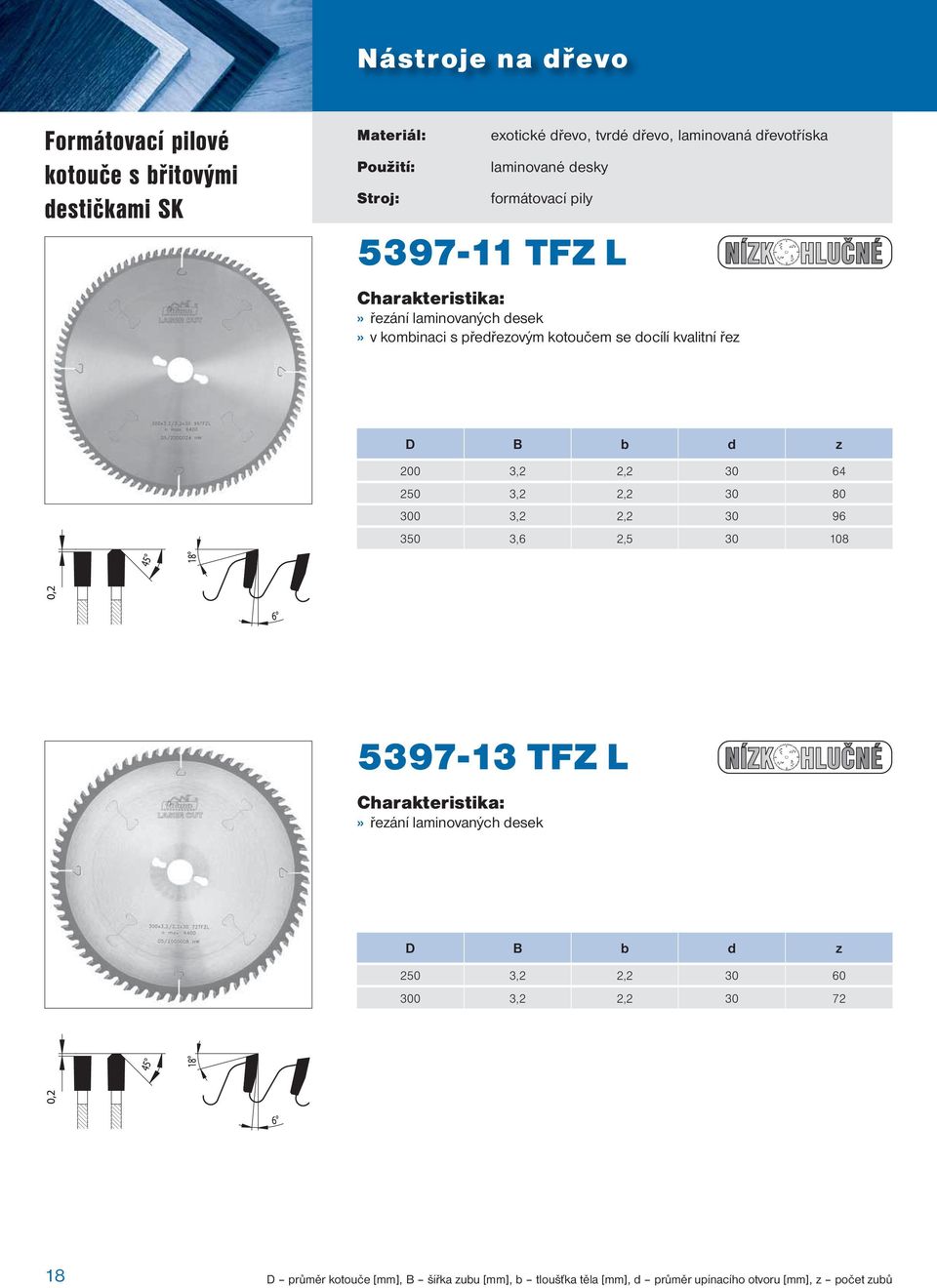 kvalitní řez D B b d z 200 3,2 2,2 30 64 250 3,2 2,2 30 80 300 3,2 2,2 30 96 350 3,6 2,5 30 108 5397-13 TFZ L» řezání laminovaných desek D B