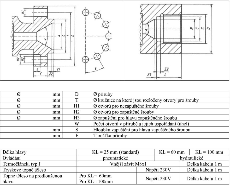 šroubu mm F Tloušťka příruby Délka hlavy KL = 25 mm (standard) KL = 60 mm KL = 100 mm Ovládání pneumatické hydraulické Termočlánek, typ J Vnější závit