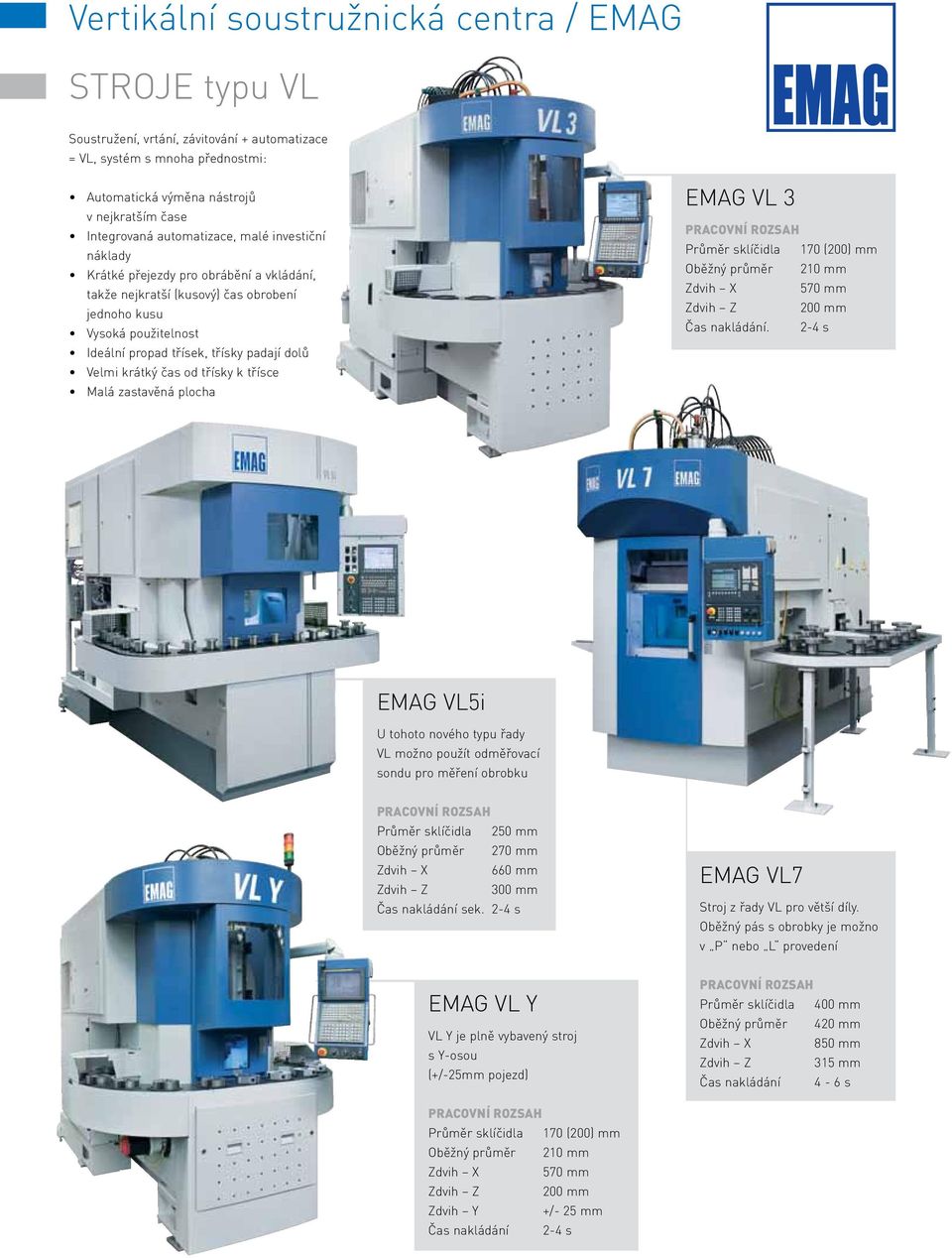krátký čas od třísky k třísce Malá zastavěná plocha EMAG VL 3 Průměr sklíčidla 170 (200) mm Oběžný průměr 210 mm Zdvih X 570 mm Zdvih Z 200 mm Čas nakládání.