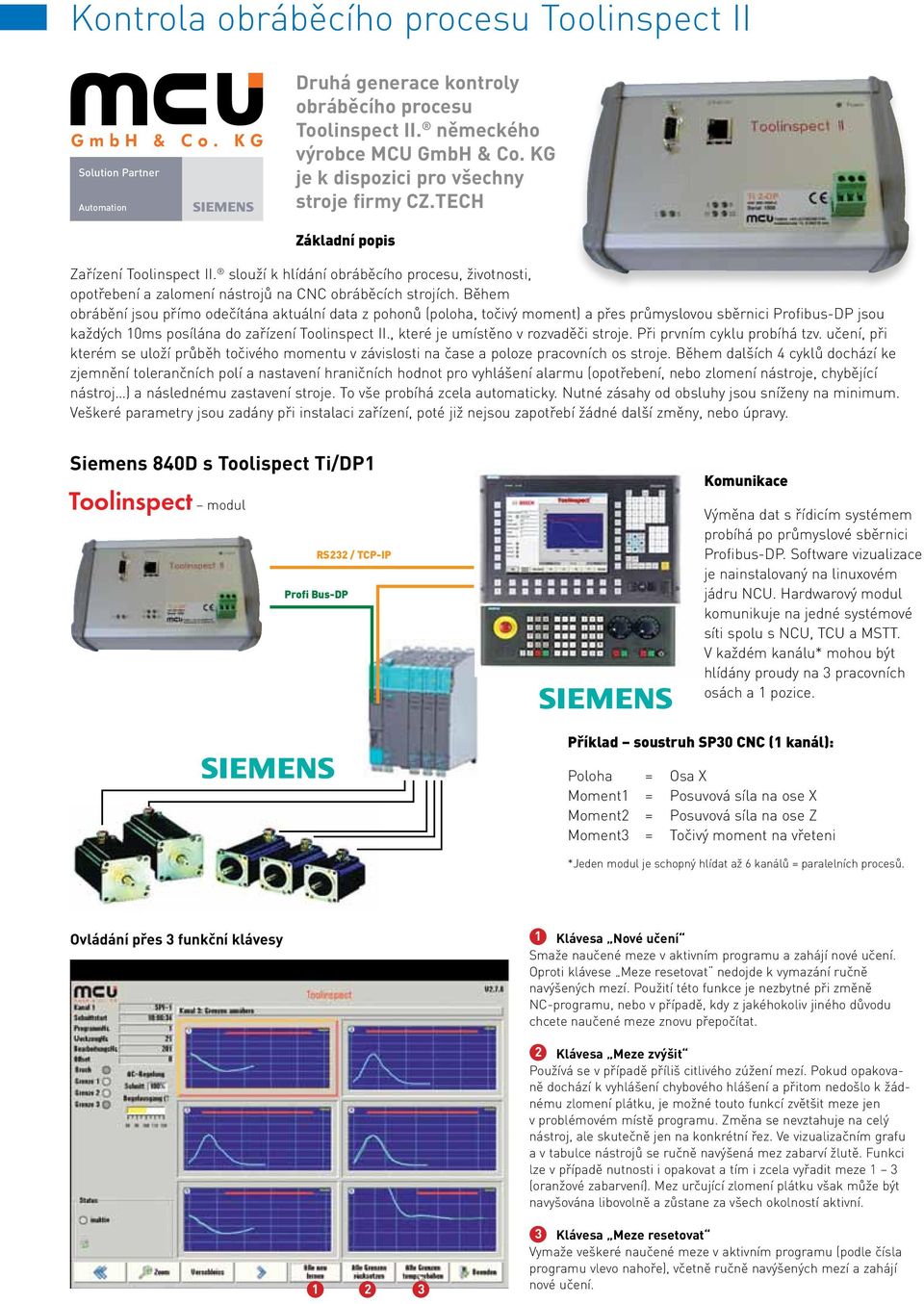 Během obrábění jsou přímo odečítána aktuální data z pohonů (poloha, točivý moment) a přes průmyslovou sběrnici Profibus-DP jsou každých 10ms posílána do zařízení Toolinspect II.