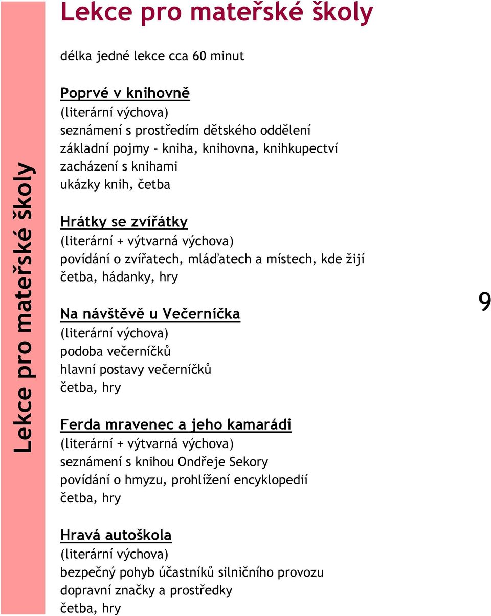 Na návštěvě u Večerníčka (literární výchova) podoba večerníčků hlavní postavy večerníčků četba, hry 9 Ferda mravenec a jeho kamarádi (literární + výtvarná výchova) seznámení s knihou