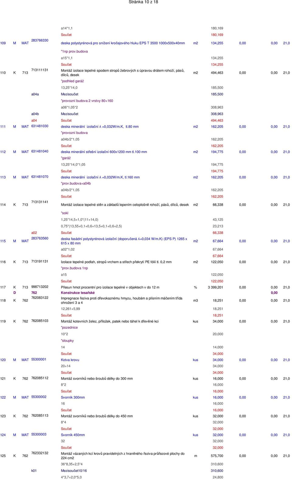 13,25*14,0 185,500 a04a Mezisoučet 185,500 2 vrstvy 80+160 a06*1,05*2 308,963 a04b Mezisoučet 308,963 a04 Součet 494,463 111 M MAT 631481030 deska minerální izolační Ȟ =0,032W/m.K, tl.