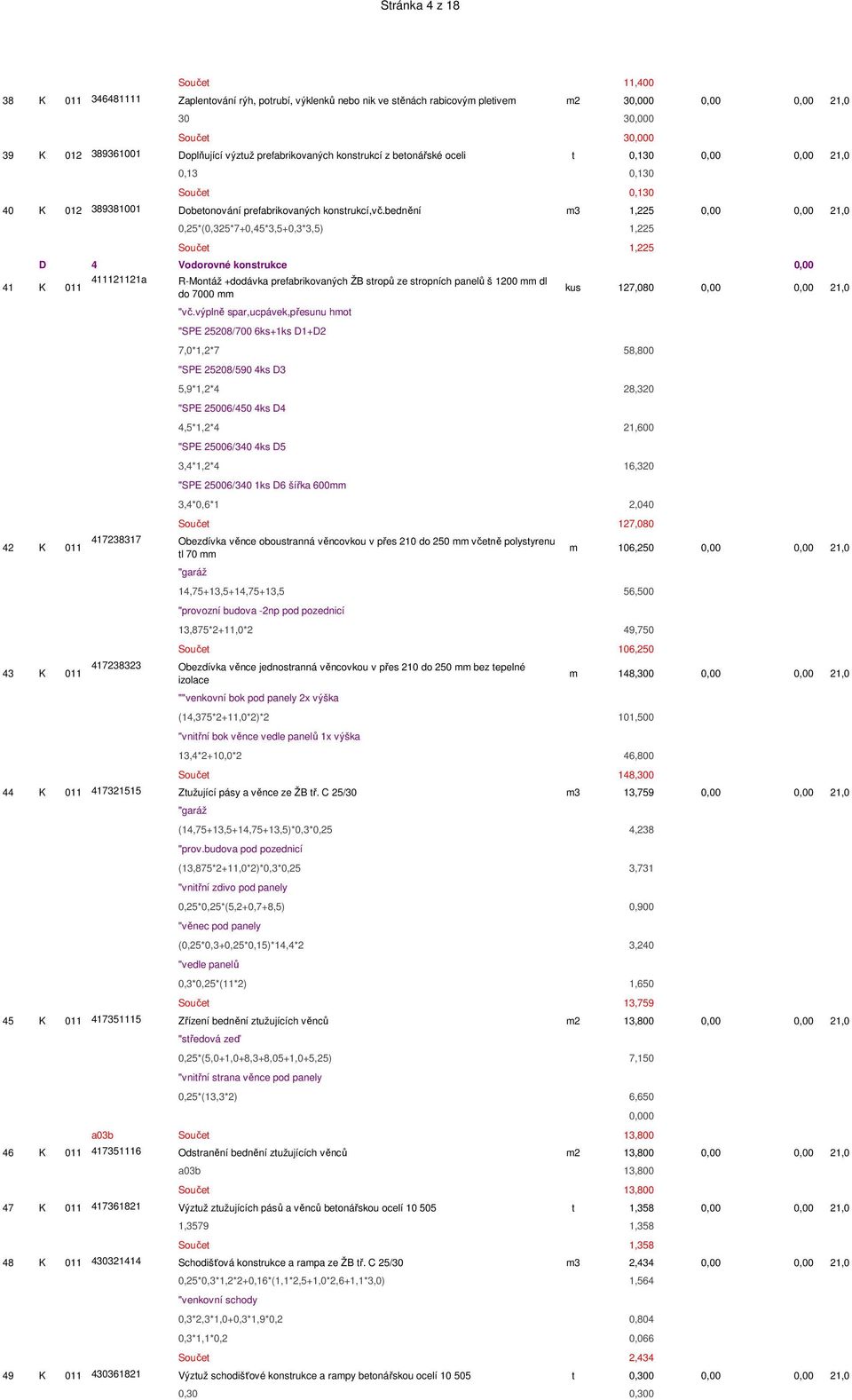 bednění m3 1,225 0,00 0,00 21,0 0,25*(0,325*7+0,45*3,5+0,3*3,5) 1,225 Součet 1,225 D 4 Vodorovné konstrukce 0,00 411121121a R-Montáž +dodávka prefabrikovaných ŽB stropů ze stropních panelů š 1200 mm