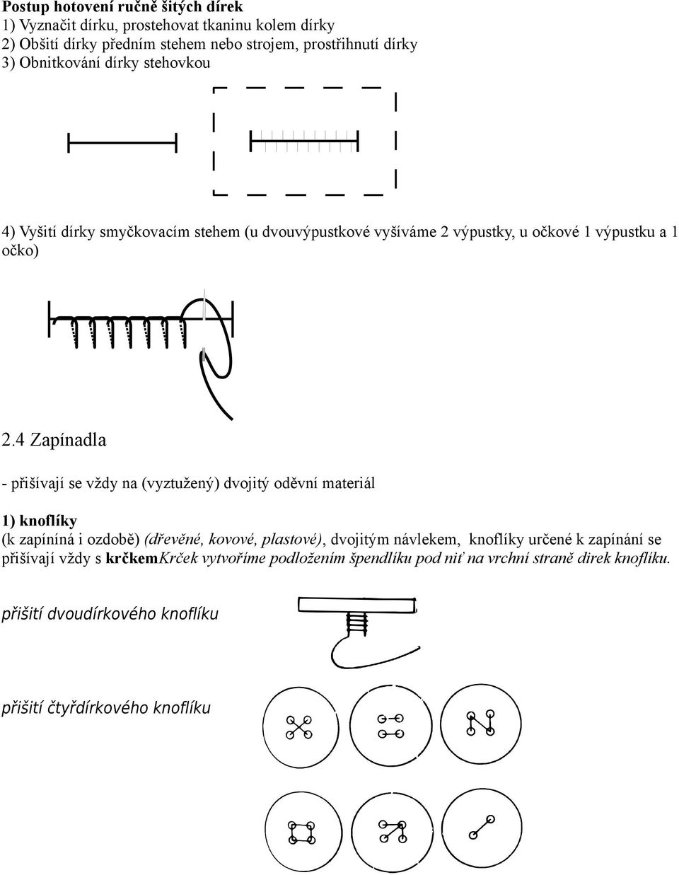 4 Zapínadla - přišívají se vždy na (vyztužený) dvojitý 1) knoflíky (k zapíníná i ozdobě) (dřevěné, kovové, plastové), dvojitým návlekem, knoflíky určené