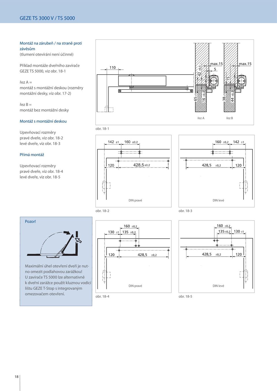 17-2) řez B = montáž bez montážní desky 65±1 16 ±0,2 38±1 15 44 ±0,2 Montáž s montážní deskou řez A řez B Upevňovací rozměry pravé dveře, viz obr. 18-2 levé dveře, viz obr. 18-3 obr.