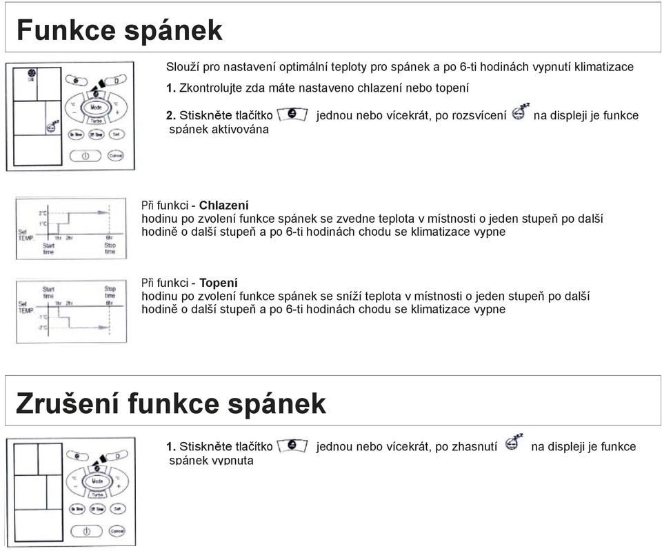 o jeden stupeň po další hodině o další stupeň a po 6-ti hodinách chodu se klimatizace vypne Při funkci - Topení hodinu po zvolení funkce spánek se sníží teplota v místnosti o