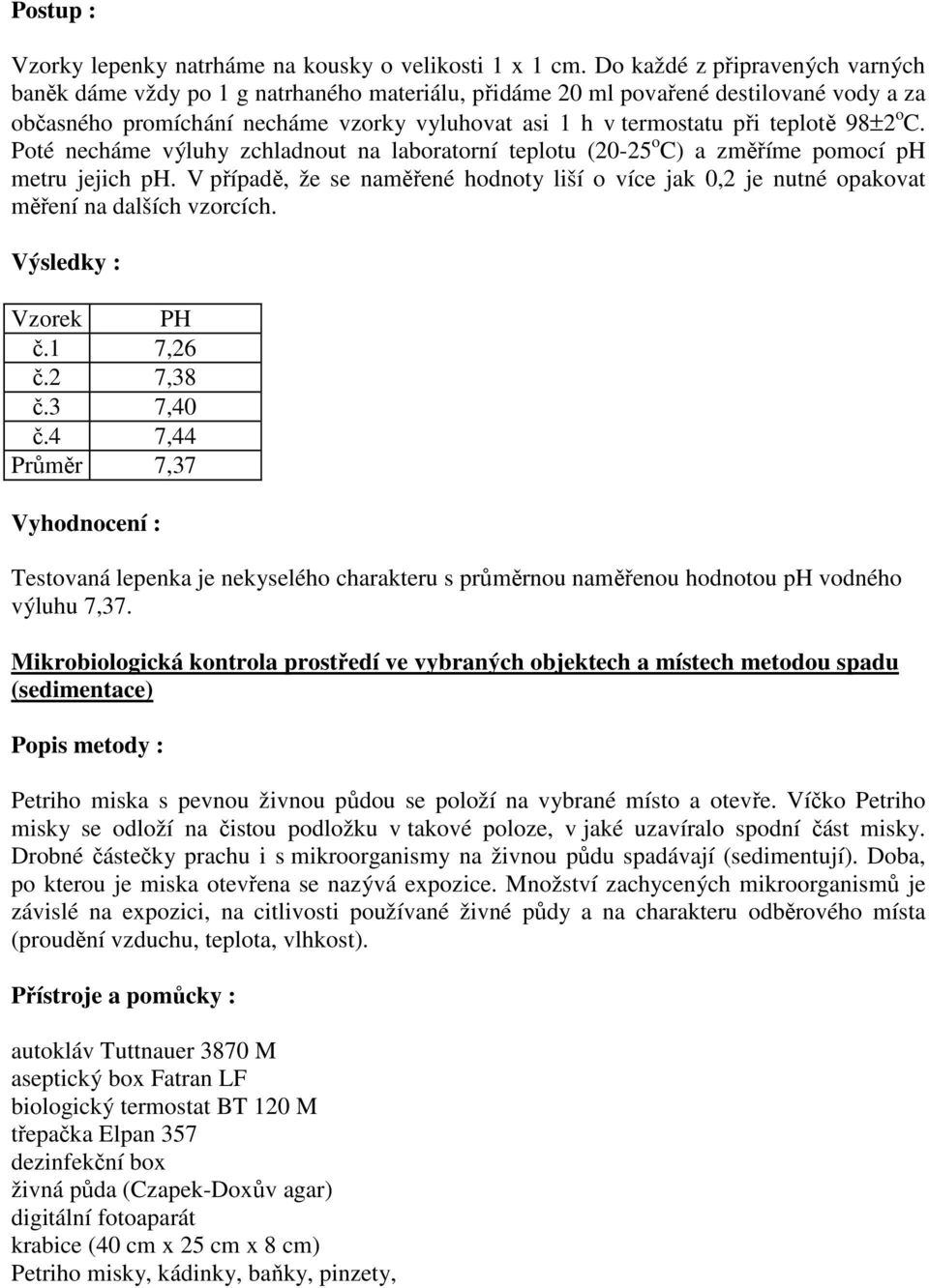 98±2 o C. Poté necháme výluhy zchladnout na laboratorní teplotu (20-25 o C) a změříme pomocí ph metru jejich ph.