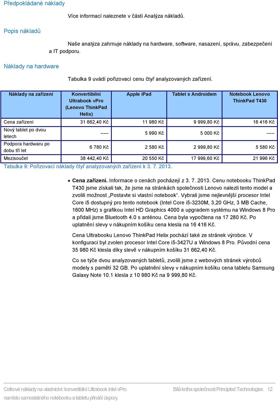 Náklady na zařízení Konvertibilní Ultrabook vpro (Lenovo ThinkPad Helix) Tabulka 9: Pořizovací náklady čtyř analyzovaných zařízení k 3. 7. 2013.