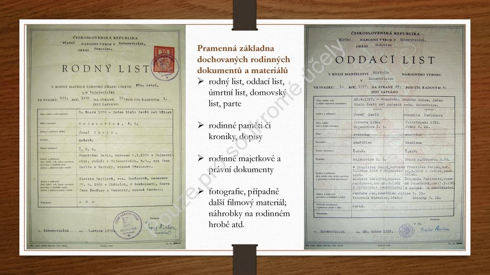 rodinné paměti či kroniky, dopisy pr o rodinné majetkové a právní dokumenty