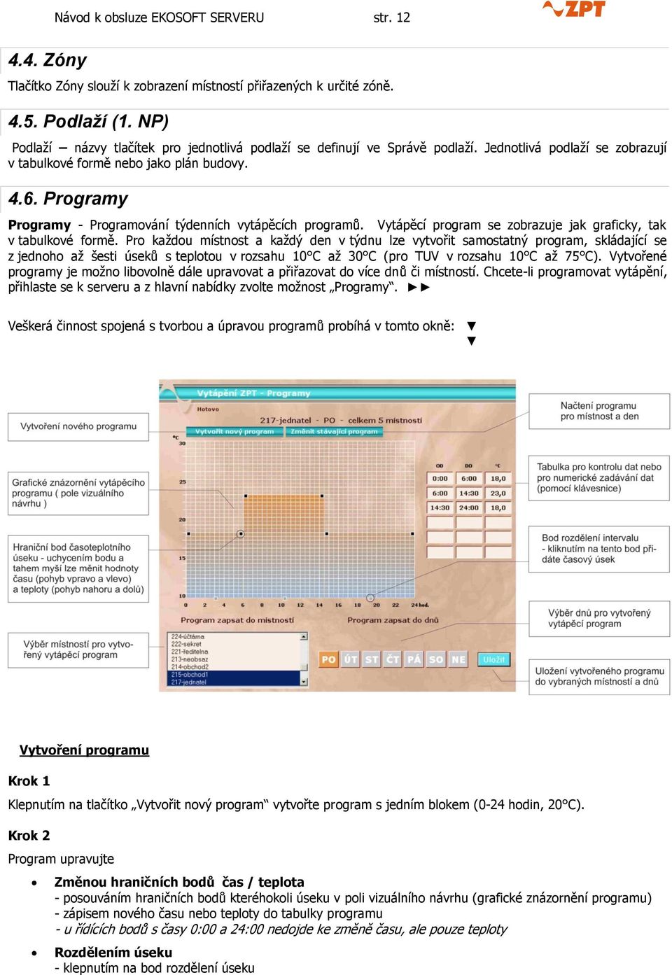 Programy Programy - Programování týdenních vytápěcích programů. Vytápěcí program se zobrazuje jak graficky, tak v tabulkové formě.