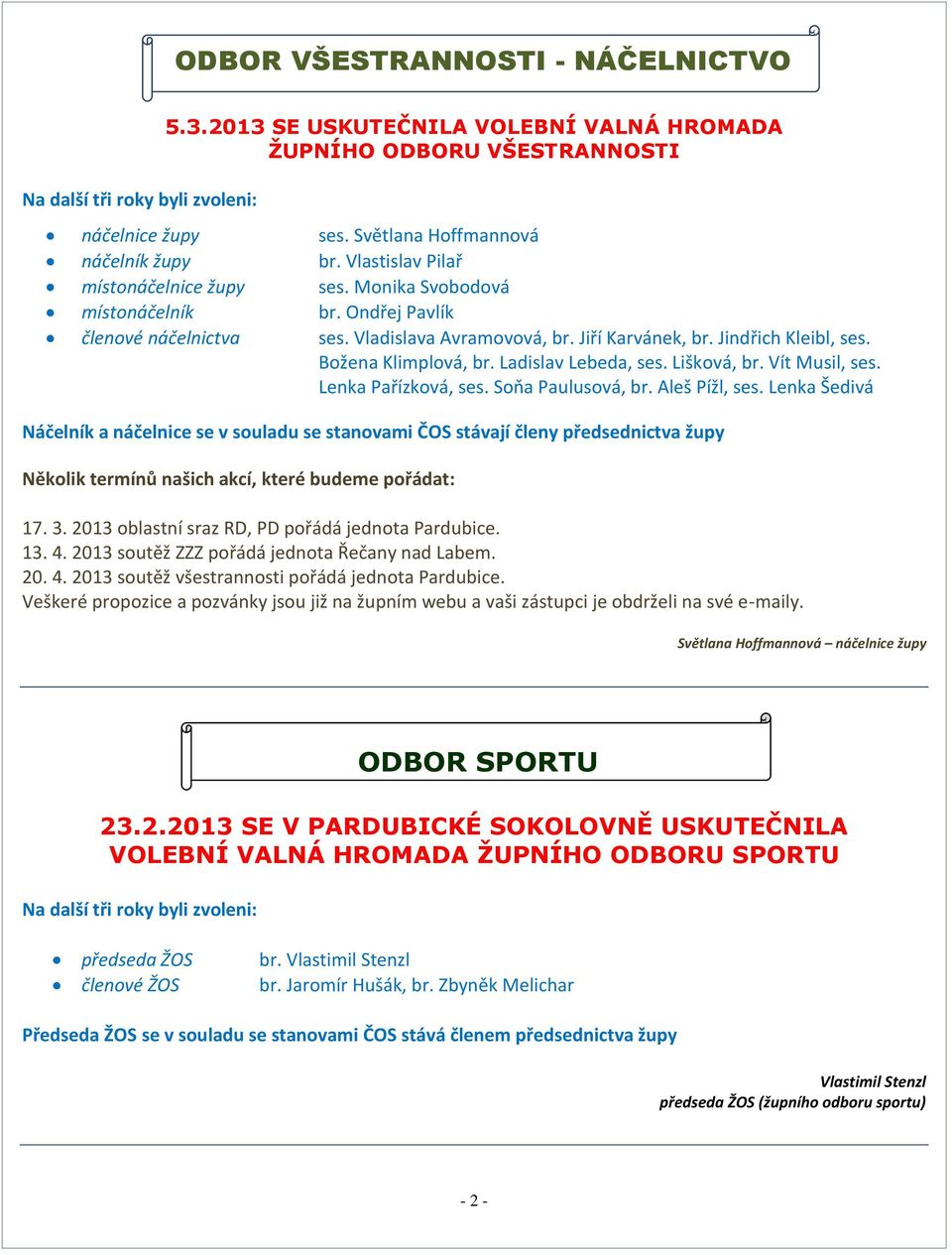 Světlana Hoffmannová br. Vlastislav Pilař ses. Monika Svobodová br. Ondřej Pavlík ses. Vladislava Avramovová, br. Jiří Karvánek, br. Jindřich Kleibl, ses. Božena Klimplová, br. Ladislav Lebeda, ses.
