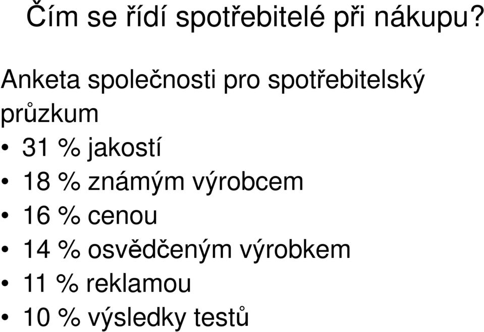 31 % jakostí 18 % známým výrobcem 16 % cenou