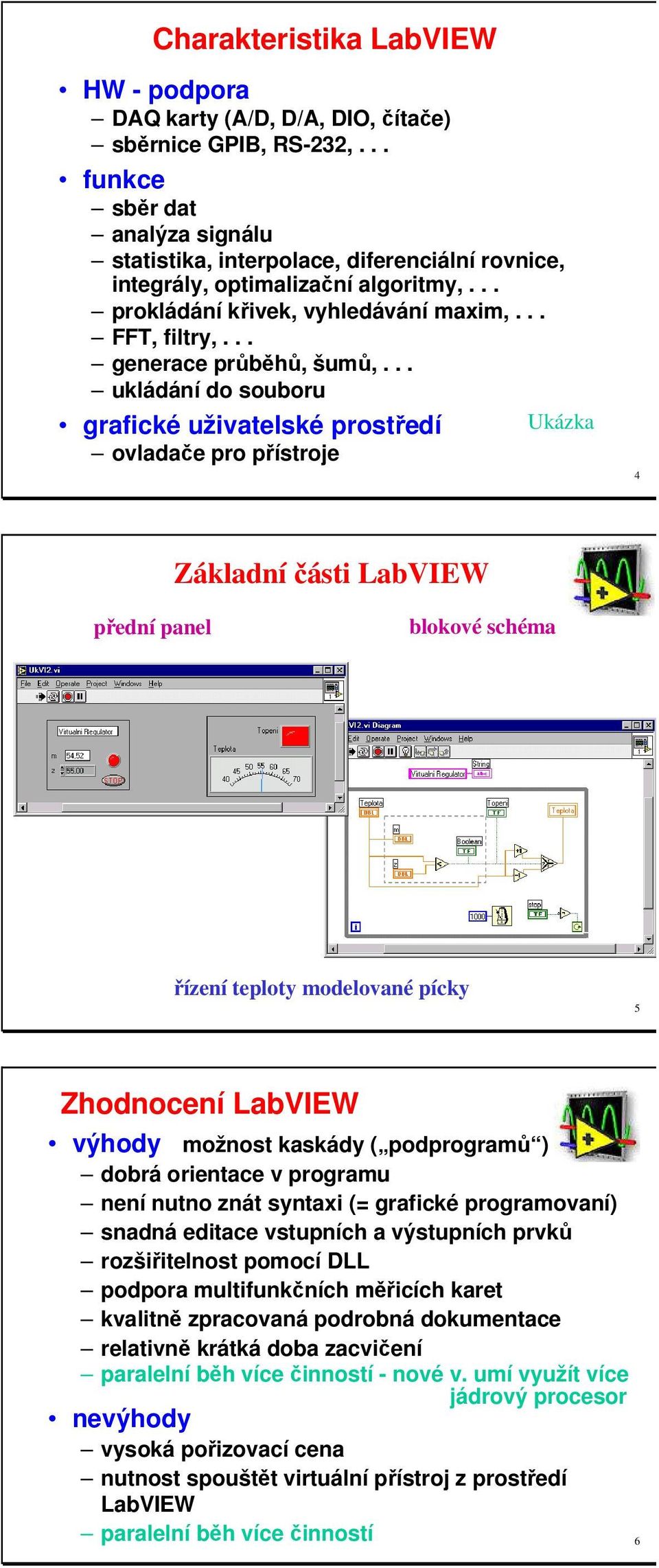 .. ukládání do souboru grafické uživatelské prostředí Ukázka ovladače pro přístroje 4 Základní části LabVIEW přední panel blokové schéma řízení teploty modelované pícky 5 Zhodnocení LabVIEW výhody