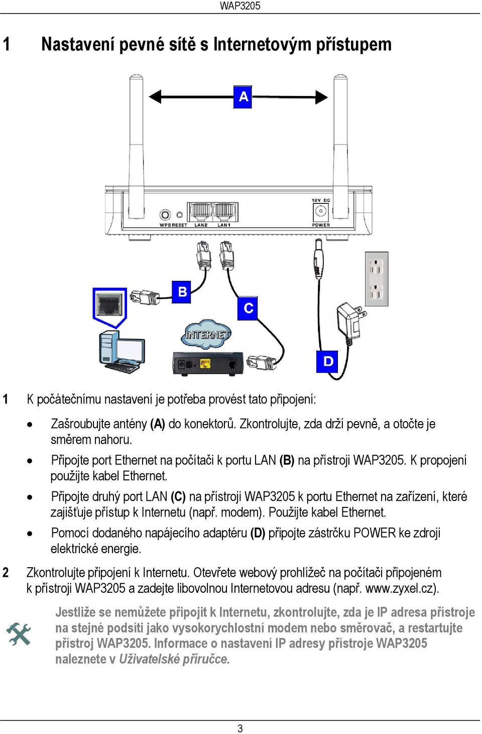 Připojte druhý port LAN (C) na přístroji WAP3205 k portu Ethernet na zařízení, které zajišťuje přístup k Internetu (např. modem). Použijte kabel Ethernet.