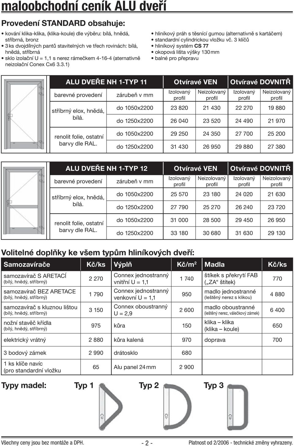 ALU DVEŘE NH 1-TYP 12 Otvíravé VEN Otvíravé DOVNITŘ do 1050x2200 25 570 23 180 24 020 21 630 do 1250x2200