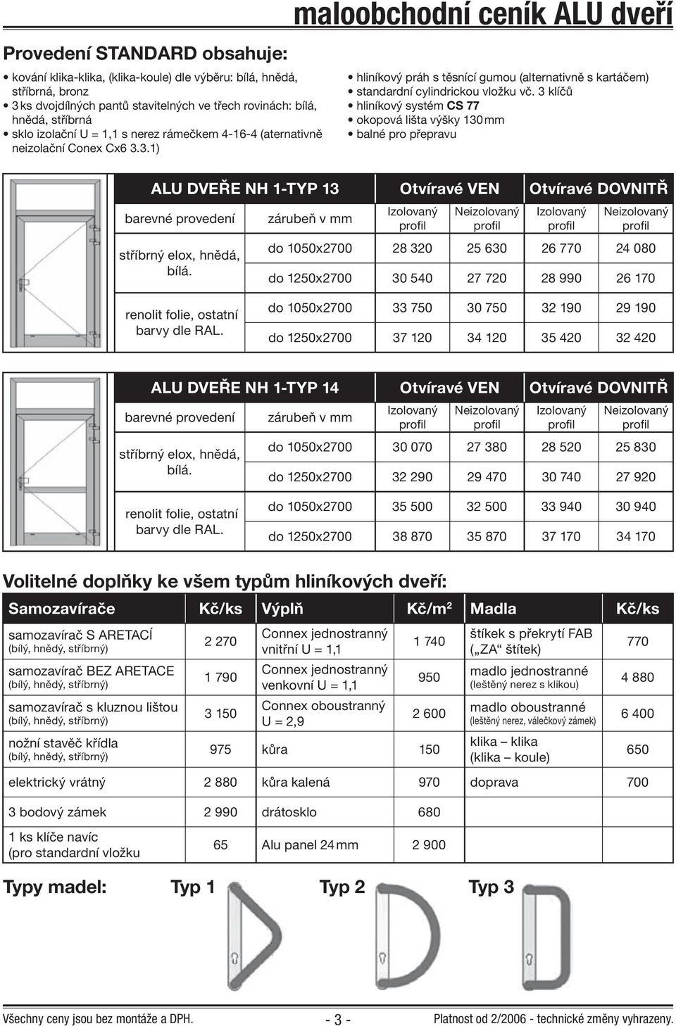 ALU DVEŘE NH 1-TYP 14 Otvíravé VEN Otvíravé DOVNITŘ do 1050x2700 30 070 27 380 28 520 25 830 do 1250x2700