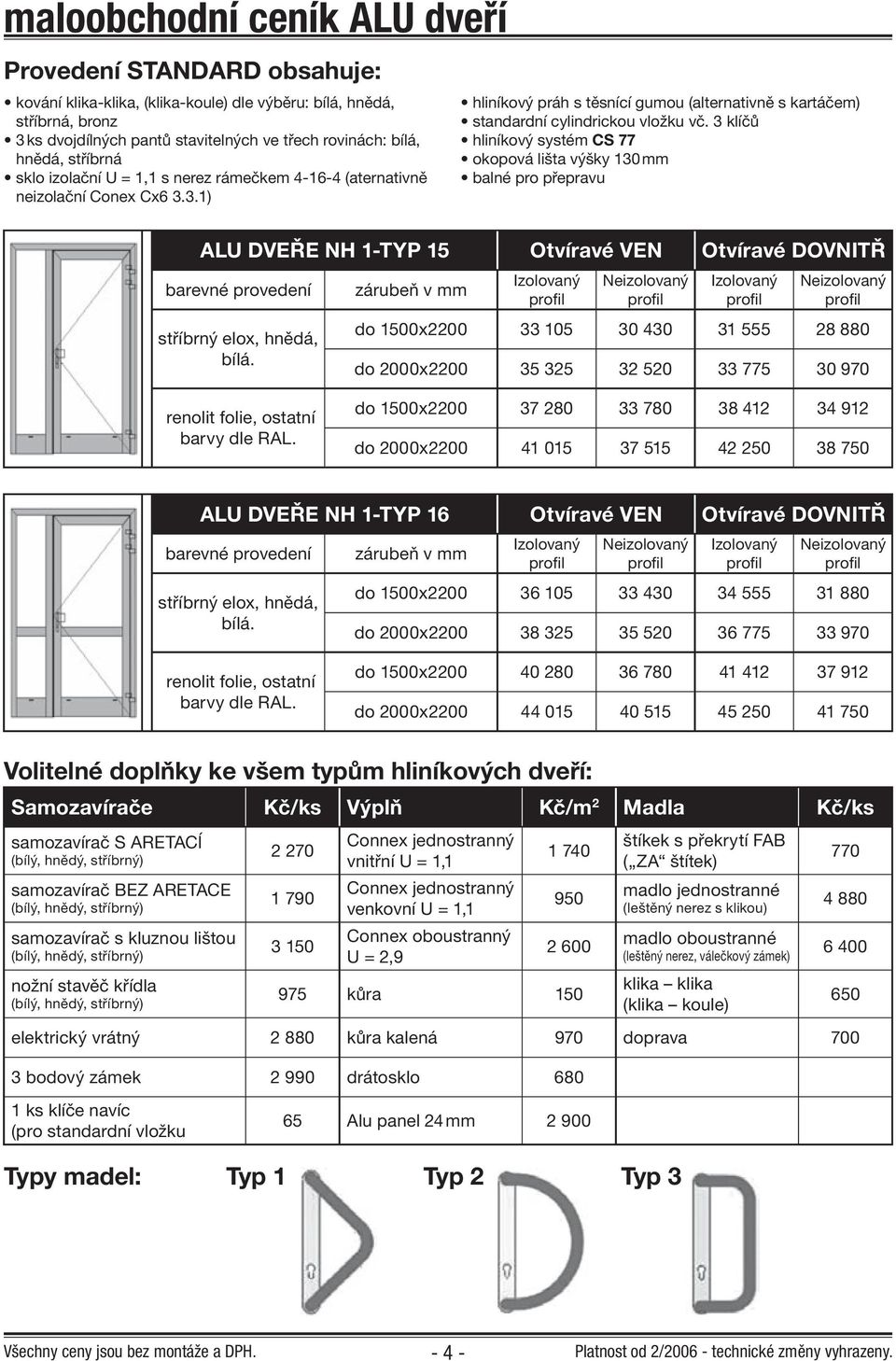 ALU DVEŘE NH 1-TYP 16 Otvíravé VEN Otvíravé DOVNITŘ do 1500x2200 36 105 33 430 34 555 31 880 do 2000x2200 38