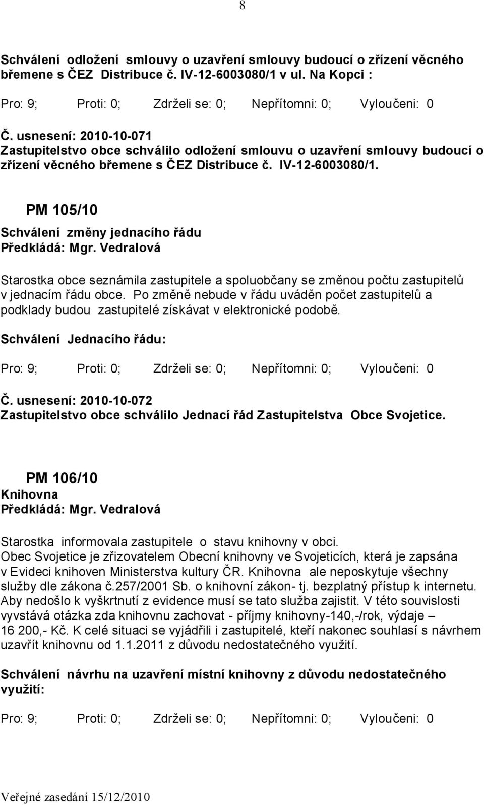 PM 105/10 Schválení změny jednacího řádu Starostka obce seznámila zastupitele a spoluobčany se změnou počtu zastupitelů v jednacím řádu obce.