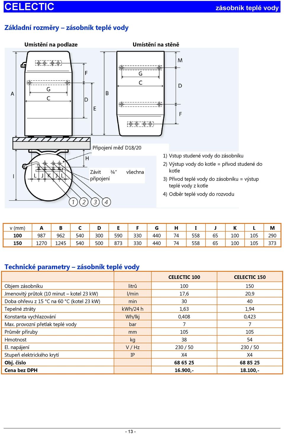 74 558 65 100 105 290 150 1270 1245 540 500 873 330 440 74 558 65 100 105 373 Technické parametry zásobník teplé vody CELECTIC 100 CELECTIC 150 Objem zásobníku litrů 100 150 Jmenovitý průtok (10