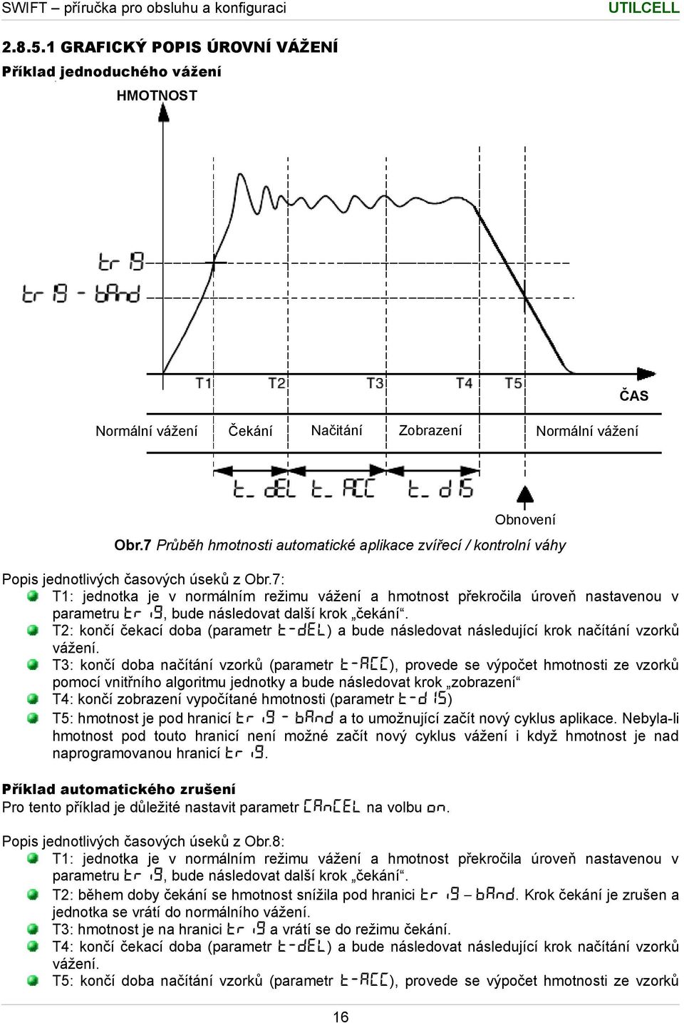 7: T: jednotka je v normálním režimu vážení a hmotnost překročila úroveň nastavenou v parametru trig, bude následovat další krok čekání.