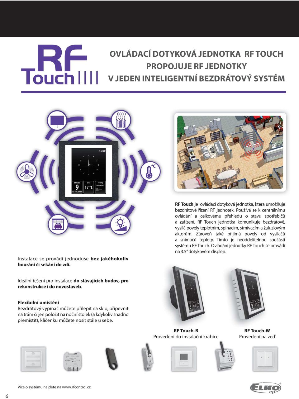 RF Touch jednotka komunikuje bezdrátově, vysílá povely teplotním, spínacím, stmívacím a žaluziovým aktorům. Zároveň také přijímá povely od vysílačů a snímačů teploty.