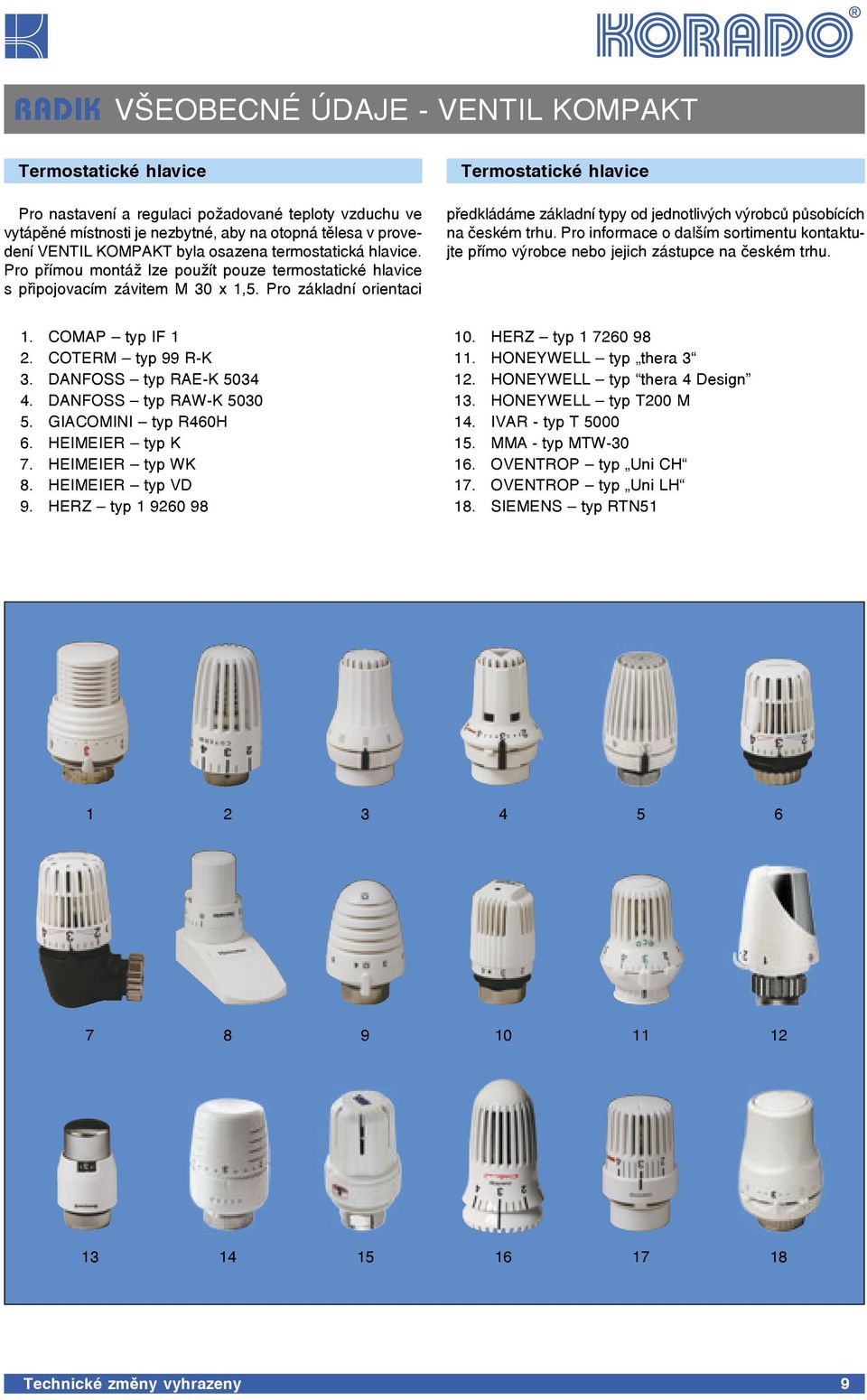 Pro základní orientaci Termostatické hlavice předkládáme základní typy od jednotlivých výrobců působících na českém trhu.