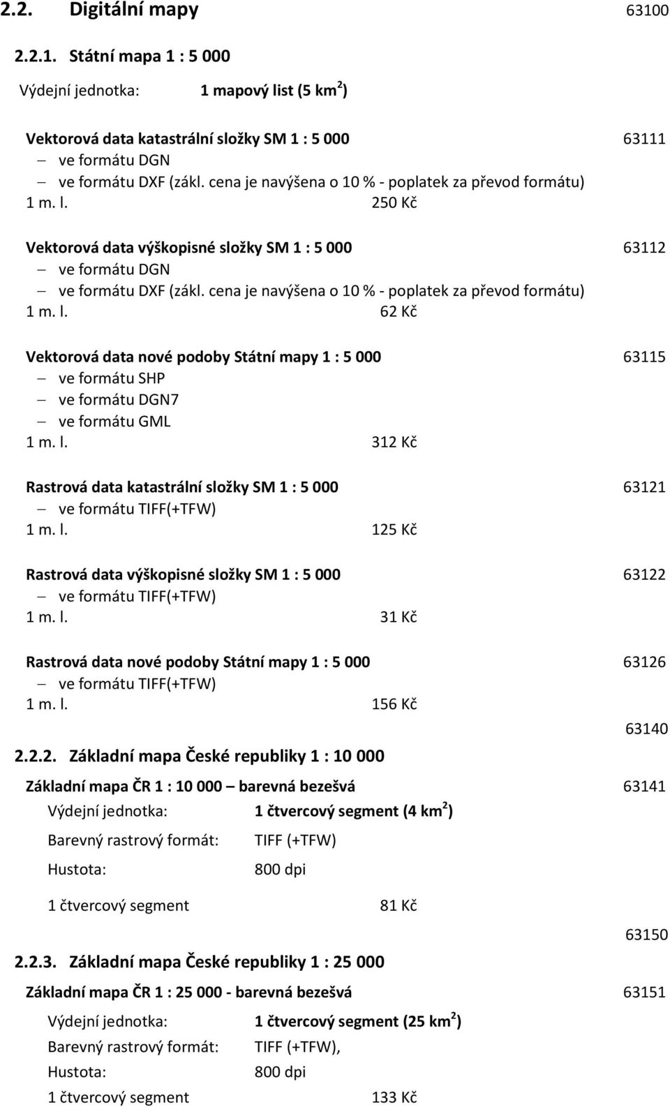 cena je navýšena o 10 % - poplatek za převod formátu) 1 m. l. 62 Kč Vektorová data nové podoby Státní mapy 1 : 5 000 63115 ve formátu SHP ve formátu DGN7 ve formátu GML 1 m. l. 312 Kč Rastrová data katastrální složky SM 1 : 5 000 63121 ve formátu TIFF(+TFW) 1 m.