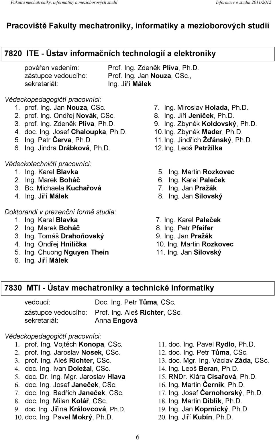 prof. Ing. Ondřej Novák, CSc. 3. prof. Ing. Zdeněk Plíva, Ph.D. 4. doc. Ing. Josef Chaloupka, Ph.D. 5. Ing. Petr Červa, Ph.D. 6. Ing. Jindra Drábková, Ph.D. Vědeckotechničtí pracovníci: 1. Ing. Karel Blavka 2.