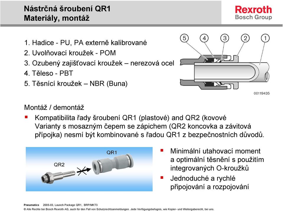 Těsnící kroužek NBR (Buna) Montáž / demontáž Kompatibilita řady šroubení QR1 (plastové) and QR2 (kovové Varianty s mosazným