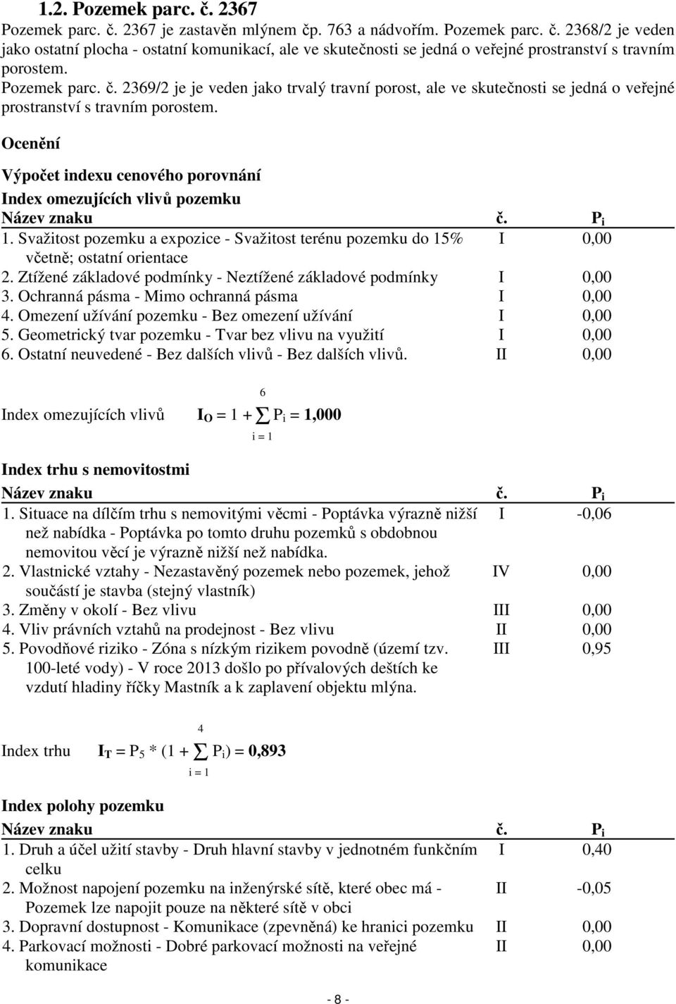 Ocenění Výpočet indexu cenového porovnání Index omezujících vlivů pozemku Název znaku č. P i 1. Svažitost pozemku a expozice - Svažitost terénu pozemku do 15% I 0,00 včetně; ostatní orientace 2.
