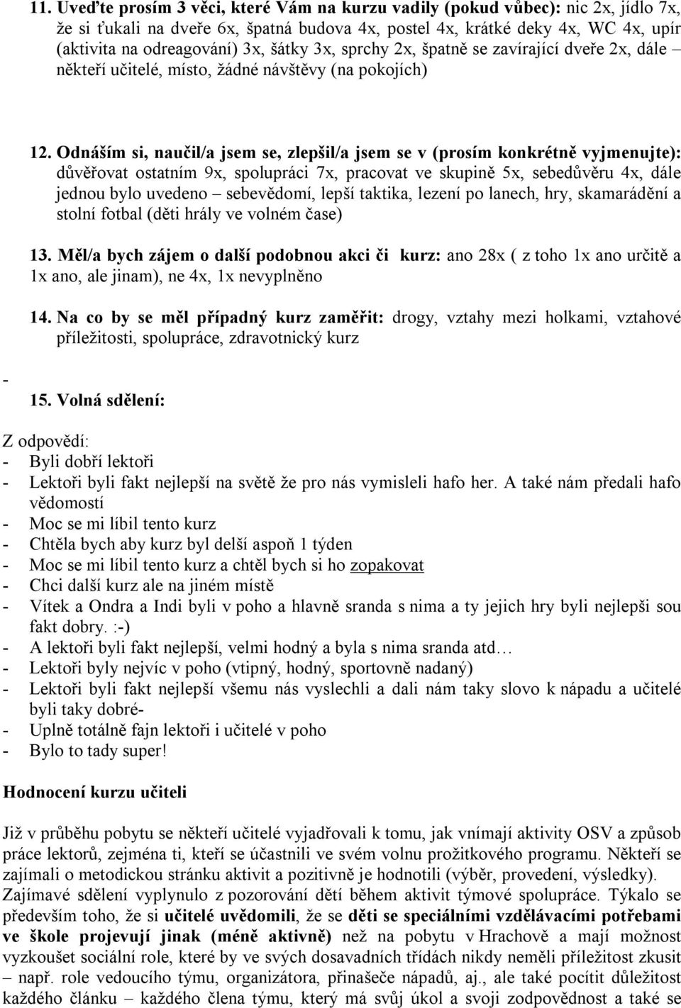 Odnáším si, naučil/a jsem se, zlepšil/a jsem se v (prosím konkrétně vyjmenujte): důvěřovat ostatním 9x, spolupráci 7x, pracovat ve skupině 5x, sebedůvěru 4x, dále jednou bylo uvedeno sebevědomí,