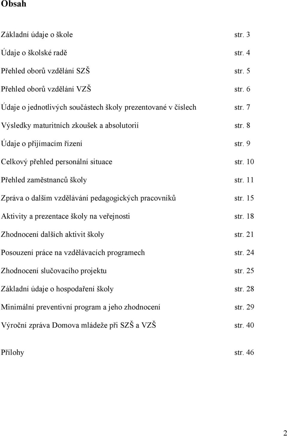 10 Přehled zaměstnanců školy str. 11 Zpráva o dalším vzdělávání pedagogických pracovníků str. 15 Aktivity a prezentace školy na veřejnosti str. 18 Zhodnocení dalších aktivit školy str.