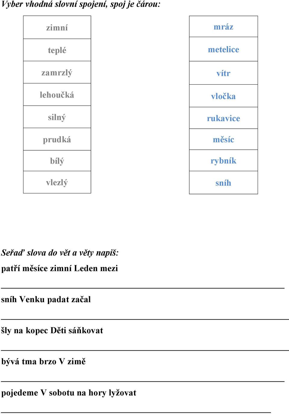 slova do vět a věty napiš: patří měsíce zimní Leden mezi sníh Venku padat začal