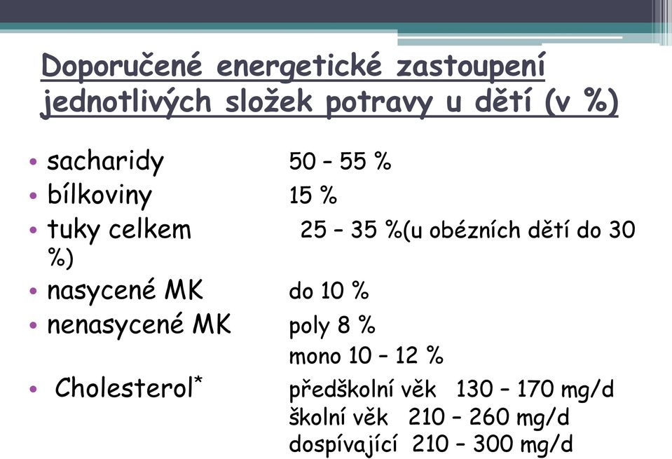 %) nasycené MK do 10 % nenasycené MK poly 8 % mono 10 12 % Cholesterol *