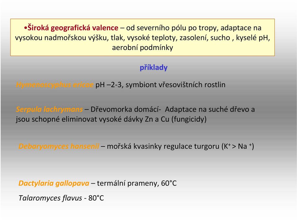 Serpulalachrymans Dřevomorka domácí- Adaptace na suchédřevo a jsou schopné eliminovat vysoké dávky Zn a Cu(fungicidy)