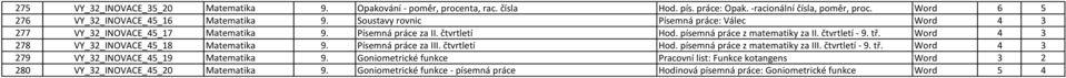 Word 4 3 278 VY_32_INOVACE_45_18 Matematika 9. Písemná práce za III. čtvrtletí Hod. písemná práce z matematiky za III. čtvrtletí - 9. tř.