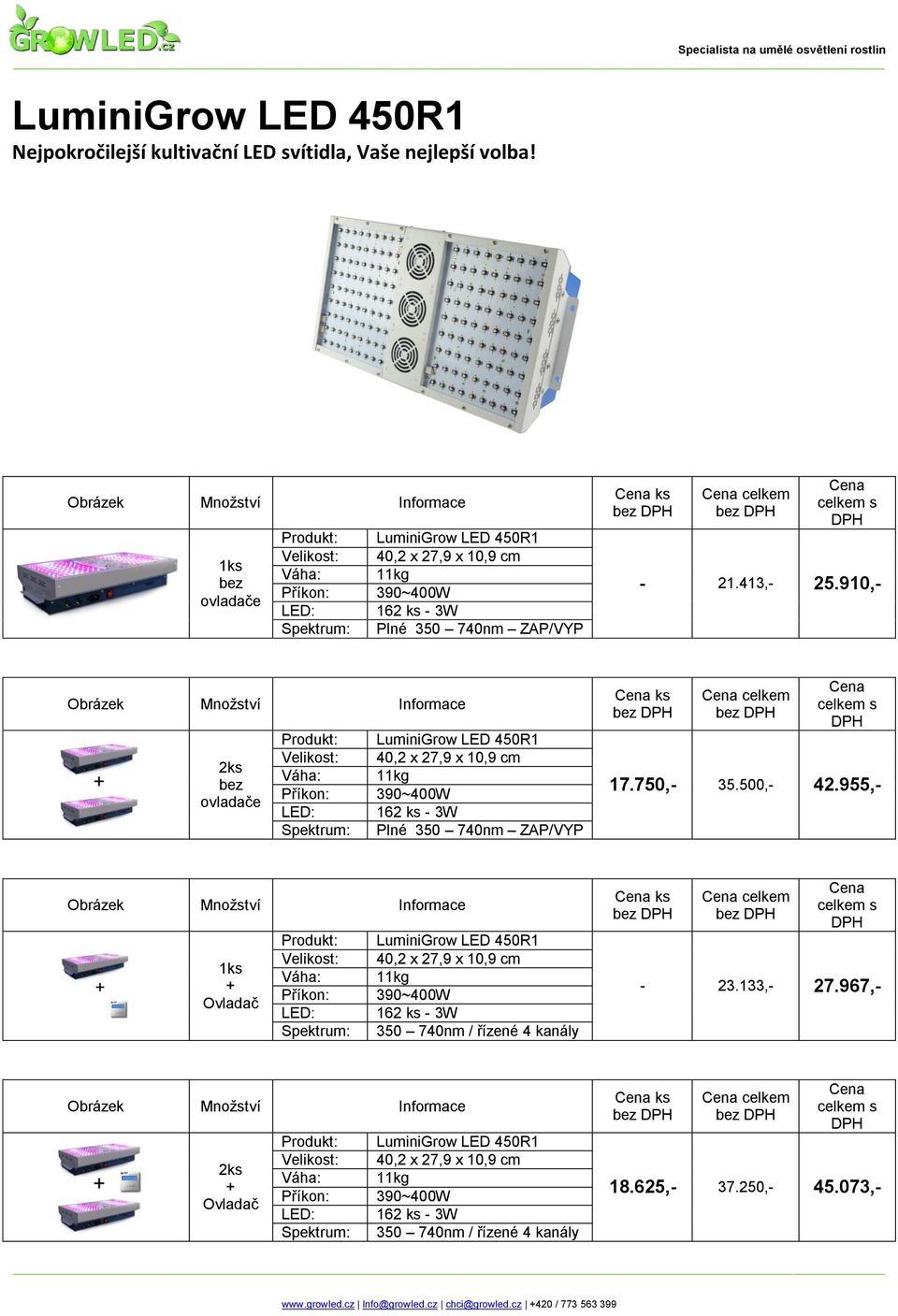 955,- LuminiGrow LED 450R1 40,2 x 27,9 x 10,9 cm 11kg 390~400W 162 ks - 3W ks celkem - 23.133,- 27.