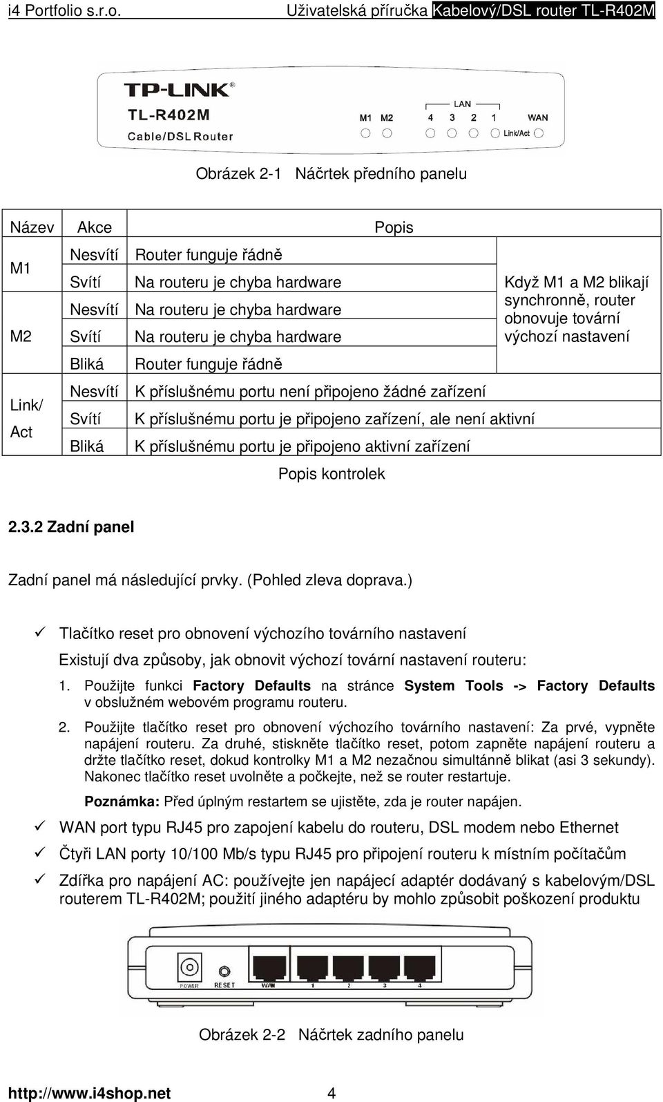 aktivní zařízení Popis kontrolek Když M1 a M2 blikají synchronně, router obnovuje tovární výchozí nastavení 2.3.2 Zadní panel Zadní panel má následující prvky. (Pohled zleva doprava.