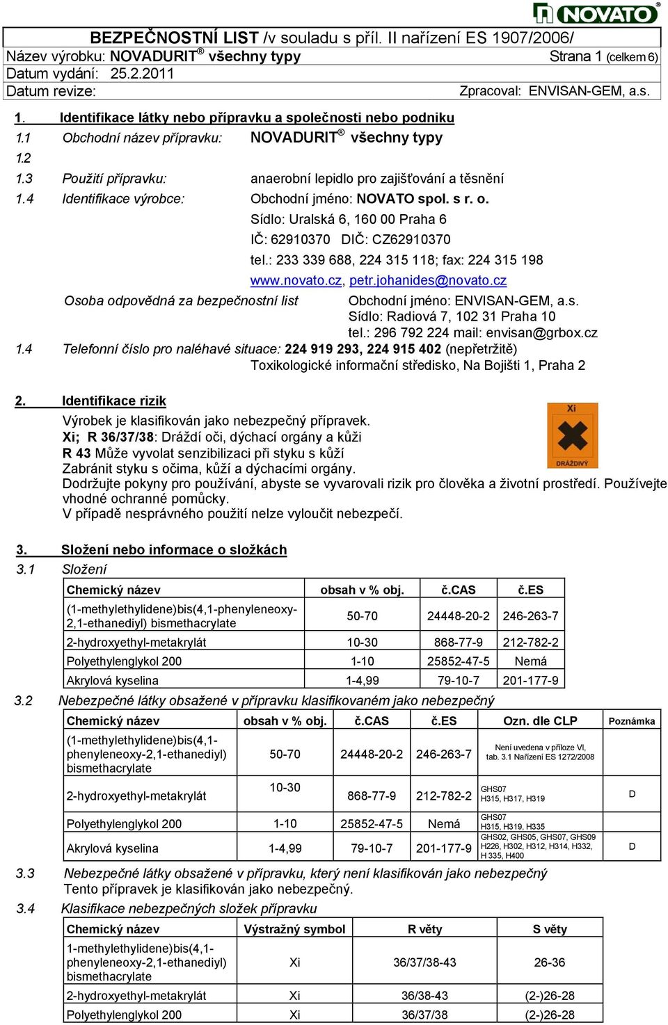 : 233 339 688, 224 315 118; fax: 224 315 198 www.novato.cz, petr.johanides@novato.cz Osoba odpovědná za bezpečnostní list Obchodní jméno: ENVISAN-GEM, a.s. Sídlo: Radiová 7, 102 31 Praha 10 tel.