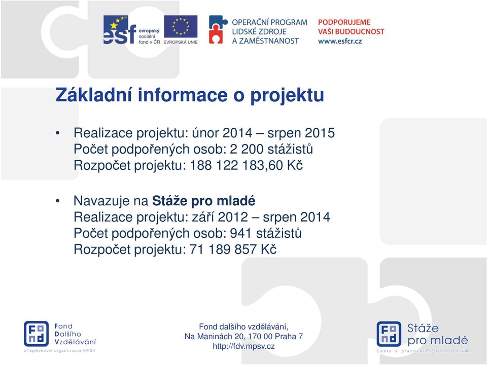 Realizace projektu: září 2012 srpen 2014 Počet podpořených osob: 941 stážistů Rozpočet