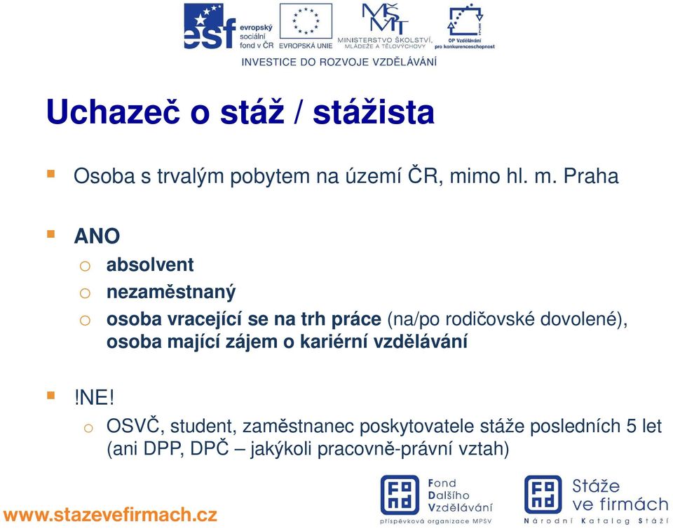 Praha ANO o absolvent o nezaměstnaný o osoba vracející se na trh práce (na/po