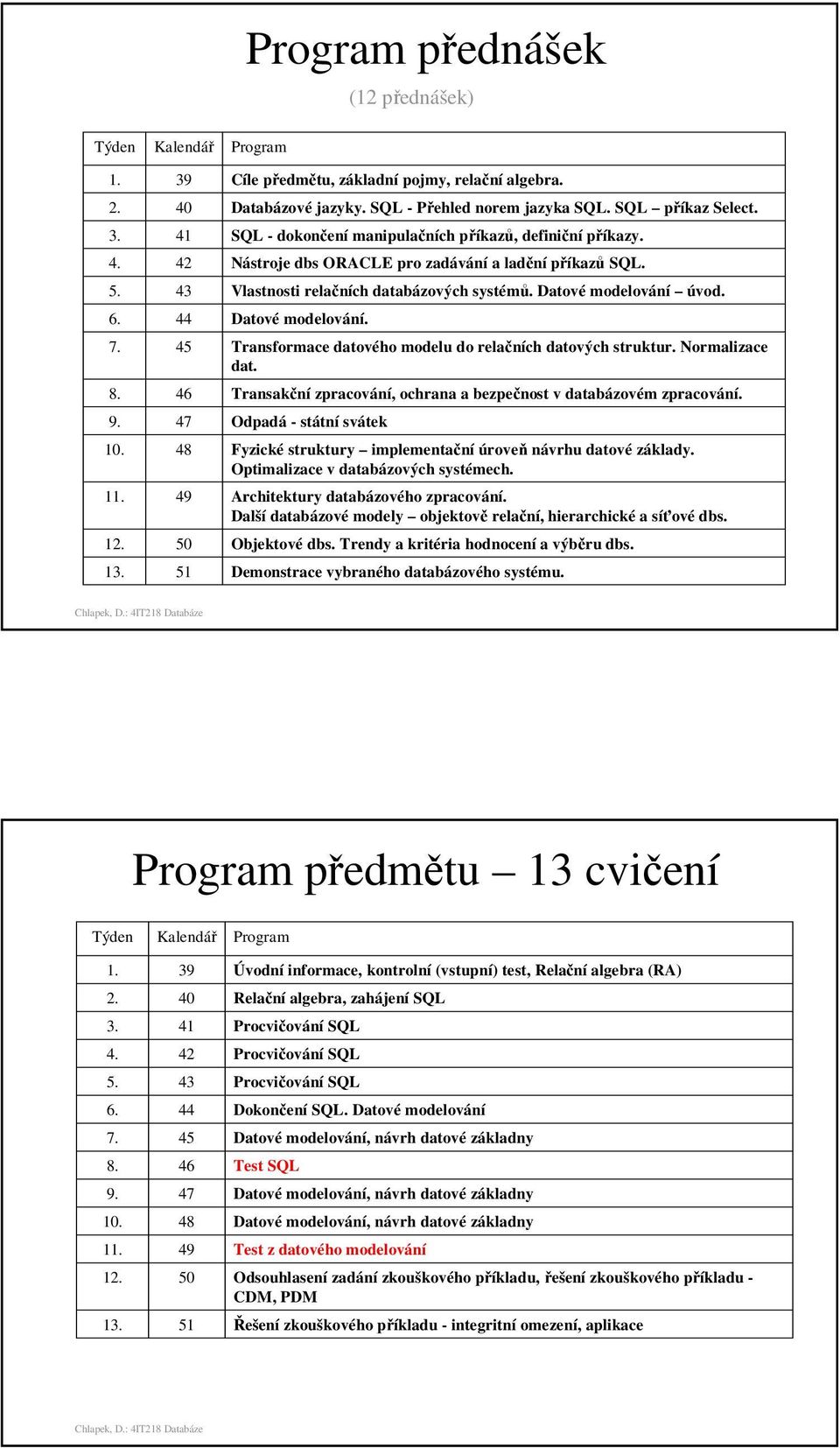 45 Transformace datového modelu do relačních datových struktur. Normalizace dat. 8. 46 Transakční zpracování, ochrana a bezpečnost v databázovém zpracování. 9. 47 Odpadá - státní svátek 10.