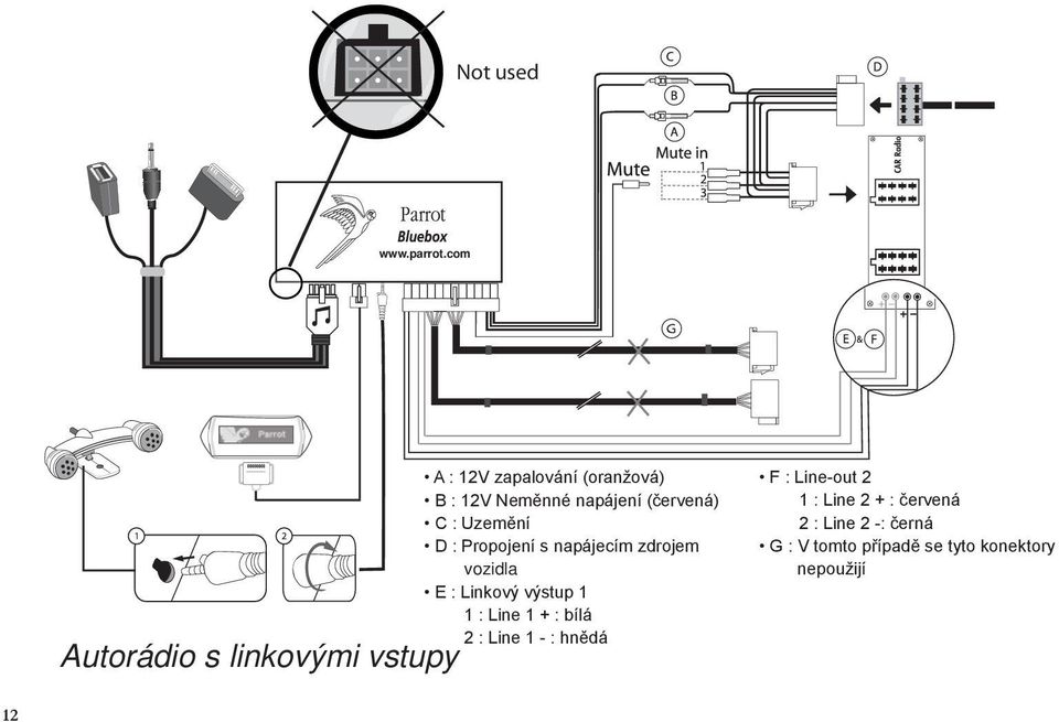 Line-out : 2 + : červená C : Uzemění B : 12V battery supply (red) 2 1 : Line 2 + 2 :-: redčerná C : Ground 2 : Line 2 -: black D : Propojení s