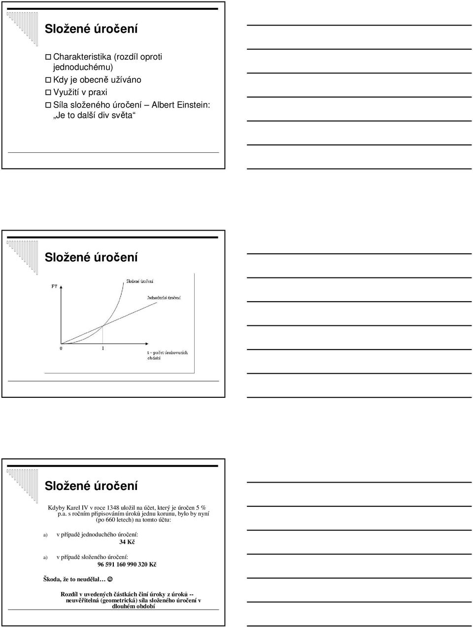 jednu korunu, bylo by nyní (po 660 letech) na tomto účtu: a) v případě jednoduchého úročení: 34 Kč a) v případě složeného úročení: 96 591 160