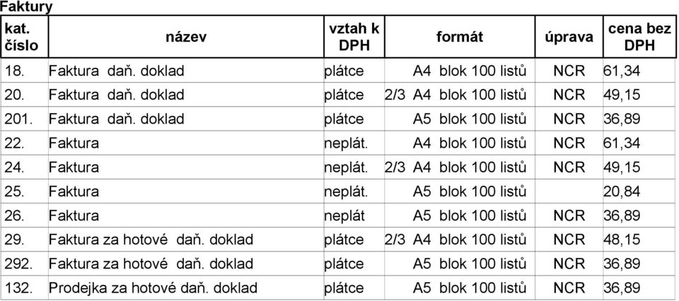 Faktura neplát. A5 blok 100 listů 20,84 26. Faktura neplát A5 blok 100 listů NCR 36,89 29. Faktura za hotové daň.