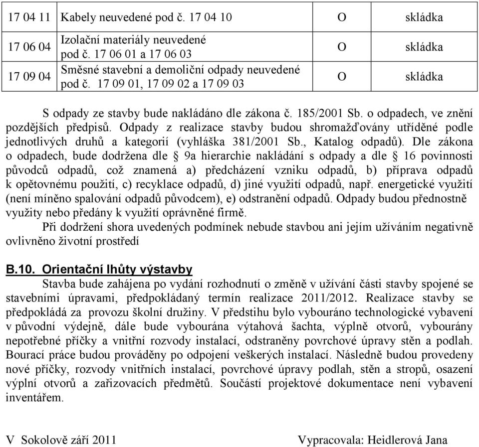 Odpady z realizace stavby budou shromažďovány utříděné podle jednotlivých druhů a kategorií (vyhláška 381/2001 Sb., Katalog odpadů).